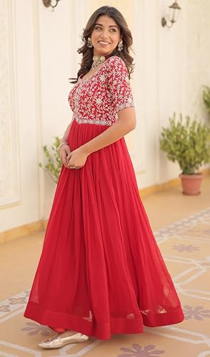 Fashion Basket Georgette Embroidered Anarkali Gown For Women Red 2Xl