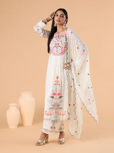 Fashion Basket Women'S Faux Georgette Embroidered Straight Kurta With Dupatta (Xx-Large, White)