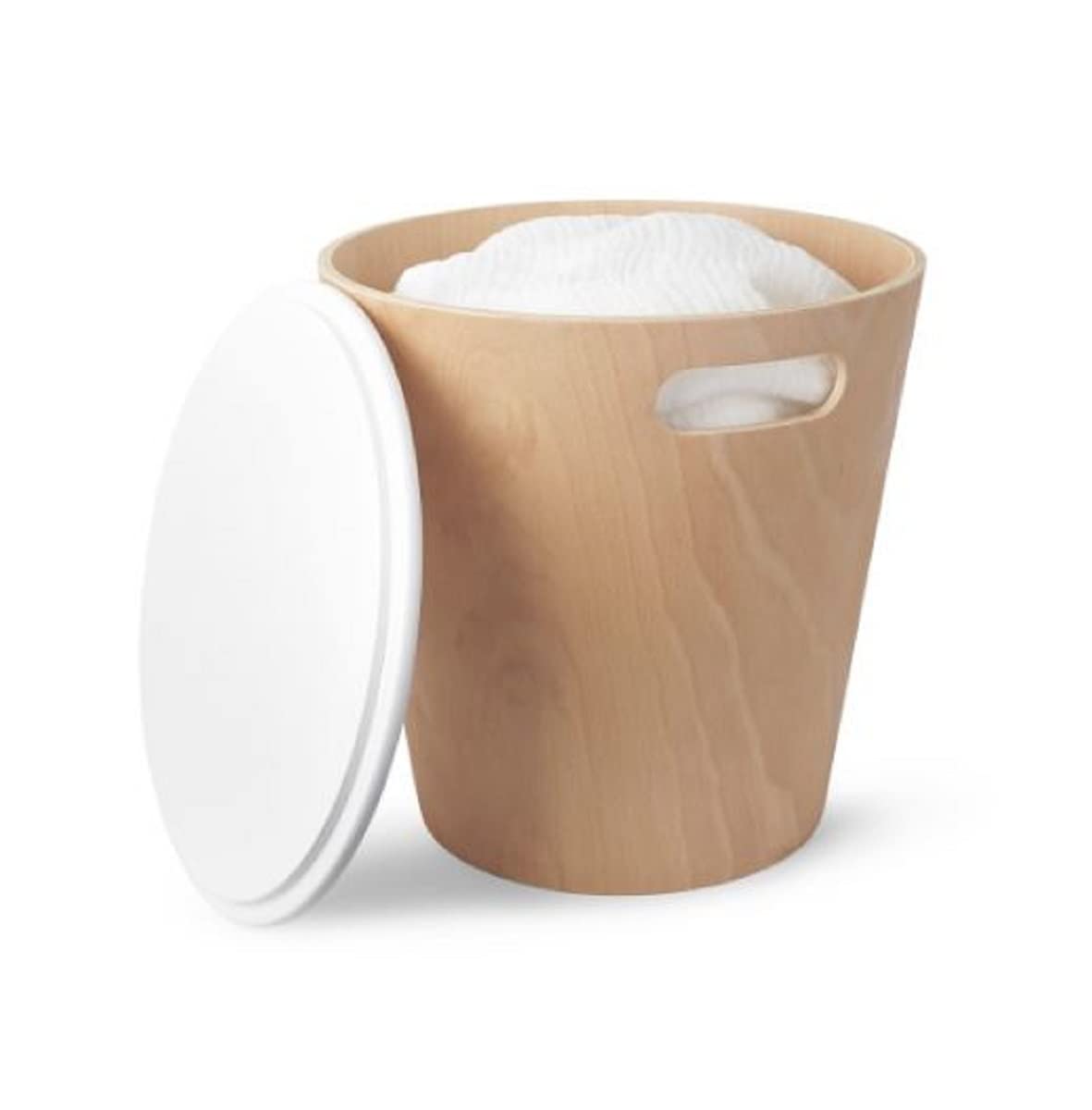 Umbra Woodrow, Modern Ottoman With Storage, Large Round Stool, Natural Wood/White