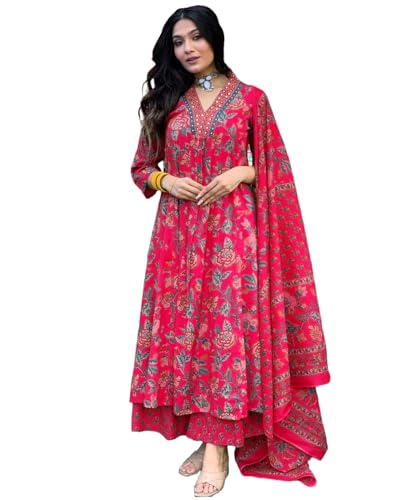 Anni Designer Women'S Rayon Viscose Anarkali Printed Kurta With Palazzo & Dupatta (Cia Pink-Vks01_Xl_Pink_X-Large),Pink,XL