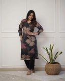 Anni Designer Women'S Rayon Viscose Straight Printed Kurta With Pant (Kitimat Black_L_Black_Large),Black,L,Rayon Blend,Classic,