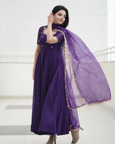 Anni Designer Women'S Rayon Blend Anarkali Embroidered Kurta With Pant & Dupatta (Gumsum Begani_Xxl_Begani_Xx-Large),Begani,2XL,Rayon Blend,Classic,