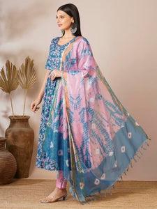 Anni Designer Women'S Cotton Blend Anarkali Printed Kurta With Pant & Dupatta (Nina Kerocin-Vks01_M_Blue_Medium),Blue,M,Rayon Blend,Anarkali,