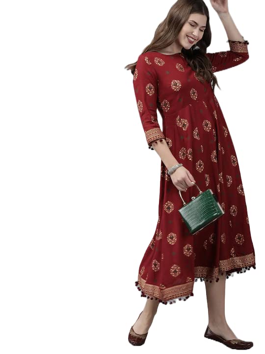 Anni Designer Women'S Rayon Printed Anarkali Kurta (Jaikara Maroon_Xl_Maroon_X-Large),Maroon,XL