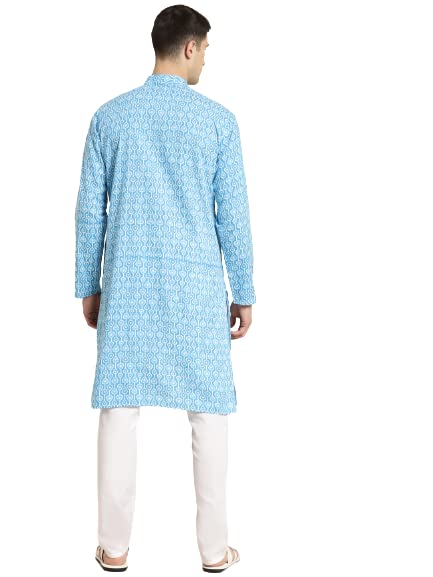 Sojanya (Since 1958 Men'S Cotton Turquoise Blue & White Printed Only Long Kurta