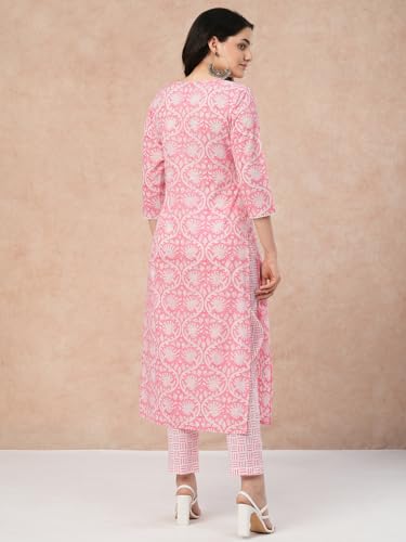 Anni Designer Women'S Cotton Blend Straight Printed Kurta With Pant (Od18 Pink_L_Pink_Large),Pink,L,Cotton Blend,Regular,