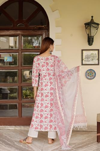 Anni Designer Women'S Cotton Blend Straight Printed Kurta With Pant & Dupatta (Vinki White_M_White_Medium),White,M,Cotton Blend,Straight,Dupatta