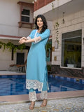 Anni Designer Women'S Cotton Blend Straight Solid Kurta With Pant (Takada Sky Blue_Xl_Sky Blue_X-Large),Sky Blue,XL,Cotton Blend,Regular,Kurta