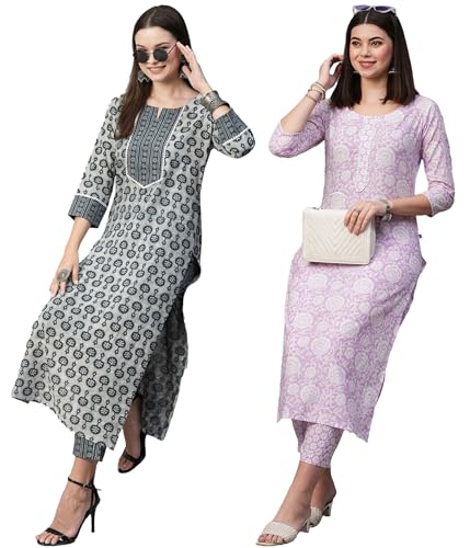 Anni Designer Women'S Calf Length Printed Straight Kurta With Pant Pack Of 2 (Combo-Sachi-Mukh_Multicolor_Small),Multicolour,S