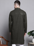Jompers Mens Sequin Embroidered Pure Cotton Kurtas (Mehndi, S)