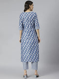 Anni Designer Women'S Cotton Blend Straight Printed Kurta With Pant (Funnu Blue New_L_Blue_Large),Blue,L,Cotton Blend,Straight,Pants