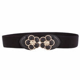 Syga WomenS Pu Leather Cinch Belt With Floral Rose Metal Buckle, Stretchable Waistband For Dresses Black