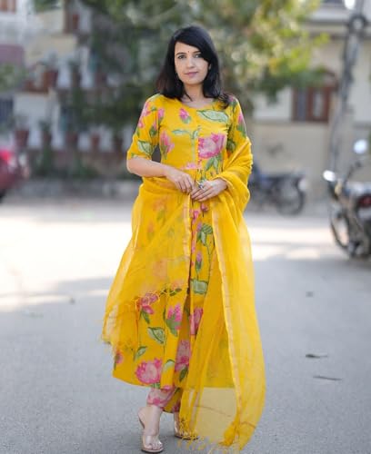 Anni Designer Women'S Rayon Viscose Printed Anarkali Kurta With Pant & Dupatta (Rubina Yellow_M_Yellow_Medium),Yellow,M,Rayon,Anarkali,