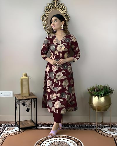 Anni Designer Women'S Cotton Blend Straight Printed Kurta With Pant (Dhun Maroon_S_Maroon_Small),Maroon,S,Rayon Blend,Regular,