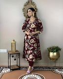 Anni Designer Women'S Cotton Blend Straight Printed Kurta With Pant (Dhun Maroon_S_Maroon_Small),Maroon,S,Rayon Blend,Regular,