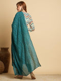 Anni Designer Women'S Cotton Blend Straight Printed Kurta With Pant & Dupatta (Kamkoj Teal_L_Blue_Large),Teal Blue,L,Cotton Blend,Regular,