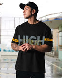Eyebogler Men Round Neck Graphic Printed Elbow Sleeve Oversized T-Shirt,Black Light MustardApparel,L