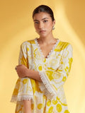 Lookmark Women'S Printed Cotton Blend Straight Kurta Pant Set With Lace - Comfortable Ethnic Wear For Women, Elegant Design, Suitable For Various Occasions (Az-Lm-Og-Ks2118 Yellow-Xxl)