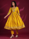 Gosriki Women'S Rayon Viscose Anarkali Printed Kurta With Pant (Dawara Yellow-Vks01-Gs_L_Yellow_Large),Yellow,,B0F38FPCX8