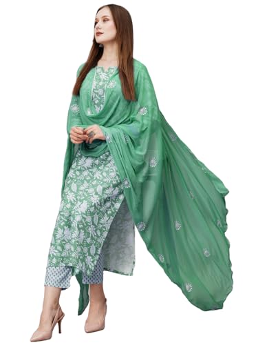 Anni Designer Women'S Cotton Blend Straight Printed Kurta With Pant & Dupatta (Mei Green-Nw_S_Green_Small),Green,S
