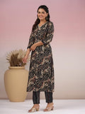 Anni Designer Women'S Rayon Blend Straight Printed Kurta With Pant (Kivala Black_M_Black_Medium),Black,M,Rayon Blend,Regular,