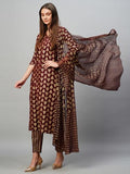Anni Designer Women'S Cotton Blend Straight Printed Kurta With Pant & Dupatta (Mohmaya Brown_S_Brown_Small),Brown,S,Cotton Blend,Casual,Kurta, Scarf