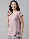 Enamor Essentials Women's Relaxed Fit Hip Length Cap Sleeves Scoop Neck 4 Way Stretch Soft & Luxurious Viscose Spandex Lounge Tee - E301(E301-Mauve Pink /Positive Graphic-M),Mauve Pink/Positive