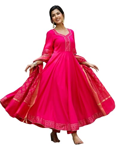 Anni Designer Women'S Rayon Blend Anarkali Solid Kurta With Pant & Dupatta (Ganpati-Rani_Xl_Pink_X-Large),Pink,XL
