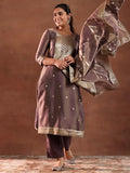 Libas Womens Woven Design Silk Blend Straight Kurta With Trousers And Dupatta Mauve Xl