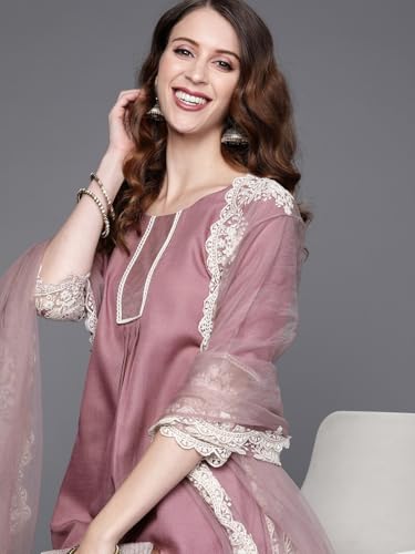 Alvami Women Emboridered Anarkali Kurta And Pant Set With Dupatta (Xl) Pink