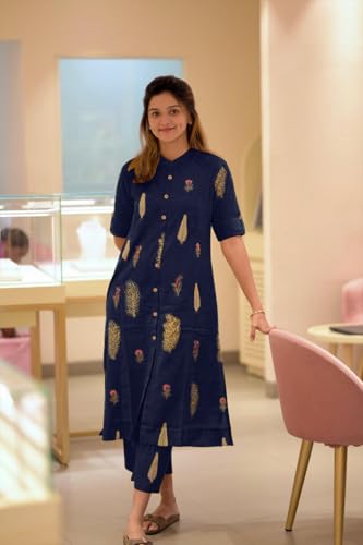 Anni Designer Women'S Rayon Viscose Floral Straight Kurta With Pant (Barkat-Clrs_Navy Blue_Large),Navy Blue,L,Rayon,A-Line,