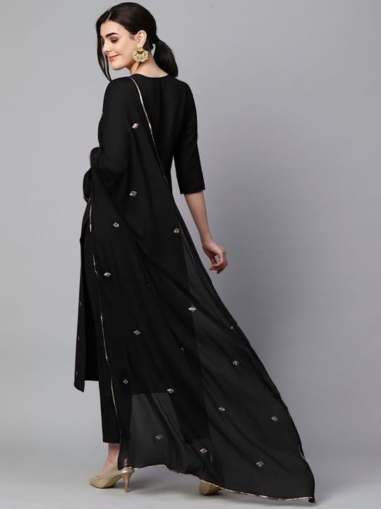 Gosriki Women'S Cotton Blend Embroidered Straight Kurta With Pant & Dupatta (Kasturi Black-Al-Gs_Xl_Black_X-Large),Black,,B0D2955PDH