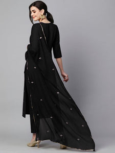 Gosriki Women'S Cotton Blend Embroidered Straight Kurta With Pant & Dupatta (Kasturi Black-Al-Gs_Xl_Black_X-Large),Black,,B0D2955PDH