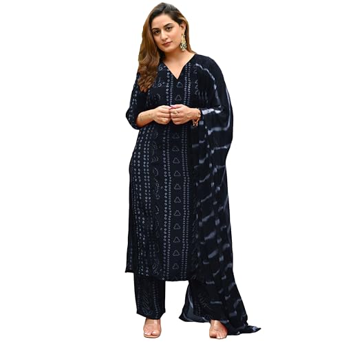 Gosriki Women'S Rayon Blend Straight Bandhej Printed Kurta With Pant & Dupatta (Baghira Grey-Vks01-Gs_Xxl_Grey_Xx-Large),Grey,2,B0DFY29P9R