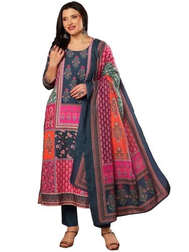 Anni Designer Women'S Rayon Viscose Printed Straight Kurta With Pant & Dupatta (Sula Multi-Vks03_Xl_Multicolor_X-Large),Multicolour,XL