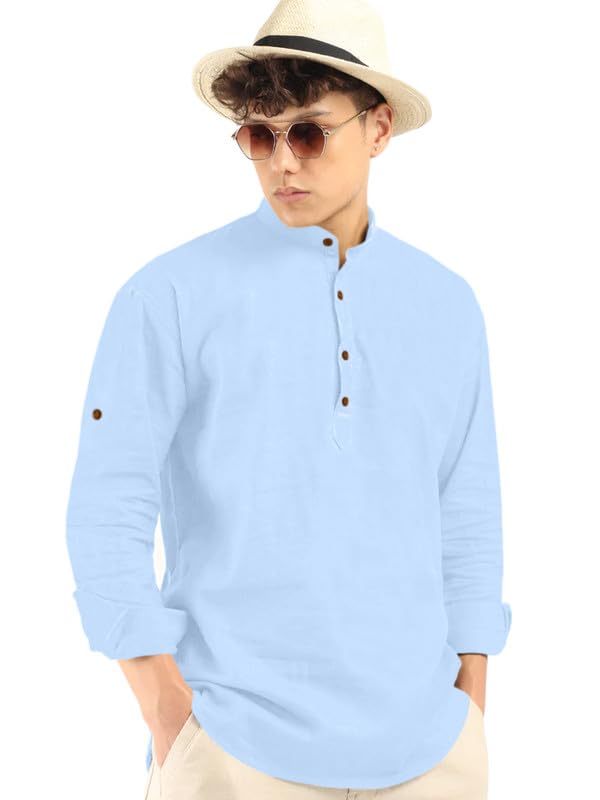 Royalscout Men'S Cotton Polyester Blend Solid Regular Fit Full Sleeve Short Kurta Sky