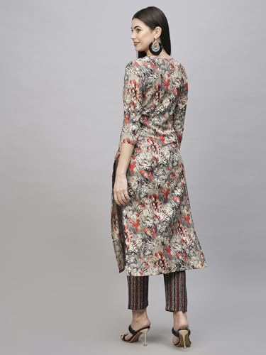 Anni Designer Women'S Cotton Blend Straight Printed Kurta With Pant (Seep Grey_L_Grey_Large),Grey,L,Rayon Blend,Regular,Kurta