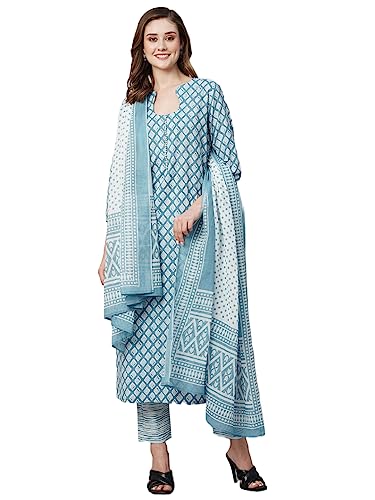 Anni Designer Women'S Cotton Blend Straight Printed Kurta With Pant & Dupatta (Sadhna Blue_Xl_Blue_X-Large),Blue,XL