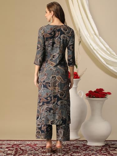 Gosriki Women'S Cotton Blend Straight Printed Kurta With Pant (Bolina Blue-Nj-Gs_Xl_Blue_X-Large),Black,,B0D3BY2PMG