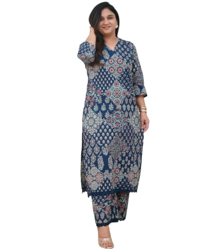 Anni Designer Women'S Rayon Viscose Straight Printed Kurta With Pant (Kadai Blue-Vks01_Xxl_Blue_Xx-Large),Blue,2XL