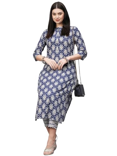 Anni Designer Women'S Cotton Blend Straight Printed Kurta With Pant (Babita Blue_Xxl_Blue_Xx-Large),Blue,2XL