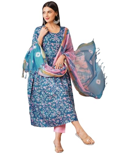 Anni Designer Women'S Cotton Blend Anarkali Printed Kurta With Pant & Dupatta (Nina Kerocin-Vks01_L_Blue_Large),Blue,L