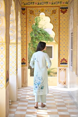 Anni Designer Women'S Cotton Blend Printed Straight Kurta With Pant & Dupatta (Durjan Blue_Xl_Blue_X-Large),Blue,XL,Cotton Blend,Regular,Kurta, Scarf