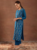 Libas Womens Embroidered Silk Blend Straight Kurta With Trousers And Dupatta Teal