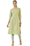 Soch Womens Olive Cotton Floral Print Round-Neck Straight Kurta