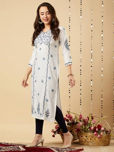 Anni Designer Women'S Cotton Blend Chikankari Embroidered Straight Kurta (Ekachith White_L_White_Large),White,L,Cotton Blend,Regular,