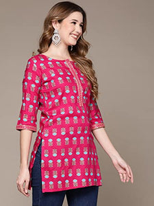 Anubhutee Pink Floral Print Straight Short Cotton Kurti For Women Pink Xl