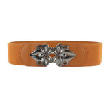 Syga WomenS Pu Leather Cinch Belt With Antique Floral Metal Buckle, Stretchable Waistband For Dresses Camel