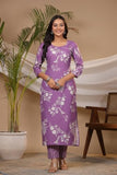Anni Designer Women'S Cotton Blend Straight Printed Kurta With Pant (Mayank Purple_S_Purple_Small),Purple,S,Cotton Blend,Regular,