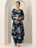 Libas Womens Printed Silk Blend Straight Kurta With Palazzos Blue Xl 99222
